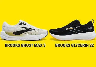 Side-by-side comparison of the Brooks Ghost Max 3 running shoe in bright white, tea, and black on the left, and the Brooks Glycerin 22 running shoe in black, blue, and orange on the right, both shown in profile against a bright yellow background with bold black labels beneath each shoe.